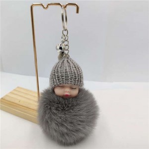 Fashion Women Handbag Pendant Cute Sleeping Baby Mini Bell Fluffy Design Wholesale Key Chain - Gray