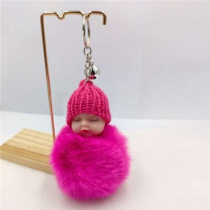 Fashion Women Handbag Pendant Cute Sleeping Baby Mini Bell Fluffy Design Wholesale Key Chain - Rose