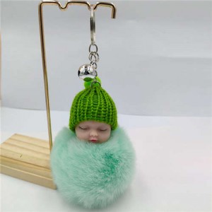 Fashion Women Handbag Pendant Cute Sleeping Baby Mini Bell Fluffy Design Wholesale Key Chain - Green
