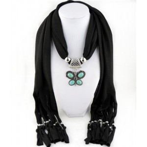 Trendy Metal Butterfly Pendant Scarf Necklace - Black