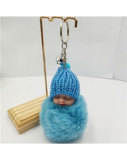 Fashion Women Handbag Pendant Cute Sleeping Baby Mini Bell Fluffy Design Wholesale Key Chain - Blue