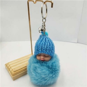 Fashion Women Handbag Pendant Cute Sleeping Baby Mini Bell Fluffy Design Wholesale Key Chain - Blue