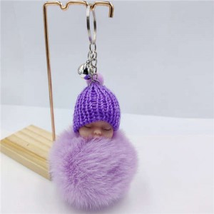 Fashion Women Handbag Pendant Cute Sleeping Baby Mini Bell Fluffy Design Wholesale Key Chain - Purple
