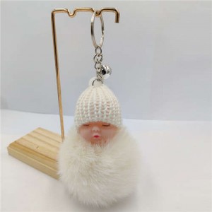 Fashion Women Handbag Pendant Cute Sleeping Baby Mini Bell Fluffy Design Wholesale Key Chain - White