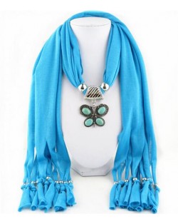 Trendy Metal Butterfly Pendant Scarf Necklace - Blue
