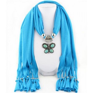 Trendy Metal Butterfly Pendant Scarf Necklace - Blue