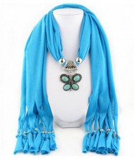 Trendy Metal Butterfly Pendant Scarf Necklace - Blue