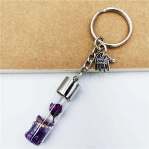 Creative Flowers in the Bottle with Mini Hand Pendants Unique Design Wholesale Key Ring - Purple