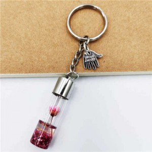 Creative Flowers in the Bottle with Mini Hand Pendants Unique Design Wholesale Key Ring - Pink