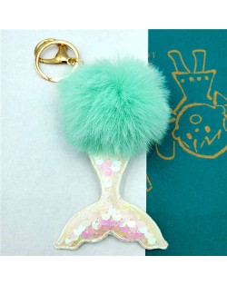 Shining Fish Scales Beautiful Mermaid Tail Fluffy Design Women Handbag Pendant Wholesale Key Chain - Green