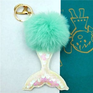 Shining Fish Scales Beautiful Mermaid Tail Fluffy Design Women Handbag Pendant Wholesale Key Chain - Green