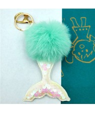 Shining Fish Scales Beautiful Mermaid Tail Fluffy Design Women Handbag Pendant Wholesale Key Chain - Green
