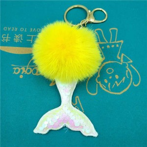 Shining Fish Scales Beautiful Mermaid Tail Fluffy Design Women Handbag Pendant Wholesale Key Chain - Yellow