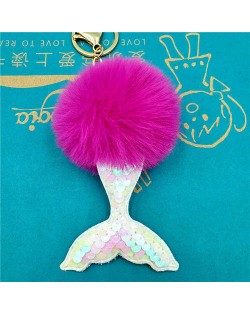 Shining Fish Scales Beautiful Mermaid Tail Fluffy Design Women Handbag Pendant Wholesale Key Chain - Fuchsia