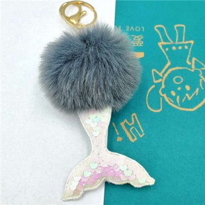 Shining Fish Scales Beautiful Mermaid Tail Fluffy Design Women Handbag Pendant Wholesale Key Chain - Gray