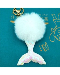 Shining Fish Scales Beautiful Mermaid Tail Fluffy Design Women Handbag Pendant Wholesale Key Chain - White