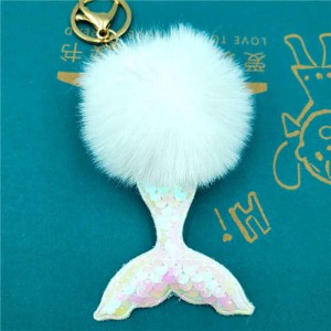 Shining Fish Scales Beautiful Mermaid Tail Fluffy Design Women Handbag Pendant Wholesale Key Chain - White