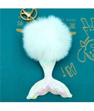 Shining Fish Scales Beautiful Mermaid Tail Fluffy Design Women Handbag Pendant Wholesale Key Chain - White