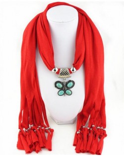 Trendy Metal Butterfly Pendant Scarf Necklace - Red