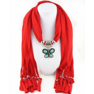 Trendy Metal Butterfly Pendant Scarf Necklace - Red