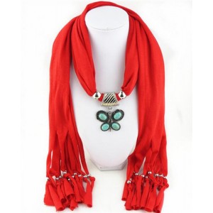Trendy Metal Butterfly Pendant Scarf Necklace - Red