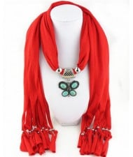 Trendy Metal Butterfly Pendant Scarf Necklace - Red