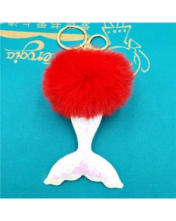 Shining Fish Scales Beautiful Mermaid Tail Fluffy Design Women Handbag Pendant Wholesale Key Chain - Red