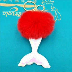 Shining Fish Scales Beautiful Mermaid Tail Fluffy Design Women Handbag Pendant Wholesale Key Chain - Red