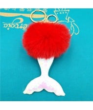 Shining Fish Scales Beautiful Mermaid Tail Fluffy Design Women Handbag Pendant Wholesale Key Chain - Red