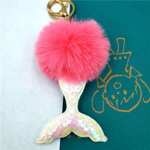 Shining Fish Scales Beautiful Mermaid Tail Fluffy Design Women Handbag Pendant Wholesale Key Chain - Rose