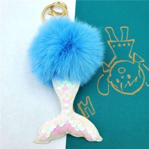 Shining Fish Scales Beautiful Mermaid Tail Fluffy Design Women Handbag Pendant Wholesale Key Chain - Blue