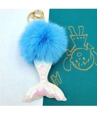 Shining Fish Scales Beautiful Mermaid Tail Fluffy Design Women Handbag Pendant Wholesale Key Chain - Blue