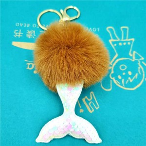 Shining Fish Scales Beautiful Mermaid Tail Fluffy Design Women Handbag Pendant Wholesale Key Chain - Brown