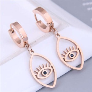 Korean Fashion Oval Shape Dangling Eye Design Women Wholesale Huggie Earrings - Rose Gold