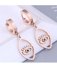 Korean Fashion Oval Shape Dangling Eye Design Women Wholesale Huggie Earrings - Rose Gold