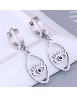 Korean Fashion Oval Shape Dangling Eye Design Women Wholesale Huggie Earrings - Silver