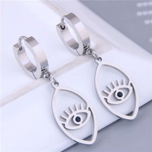 Korean Fashion Oval Shape Dangling Eye Design Women Wholesale Huggie Earrings - Silver