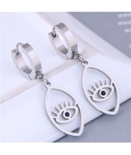 Korean Fashion Oval Shape Dangling Eye Design Women Wholesale Huggie Earrings - Silver