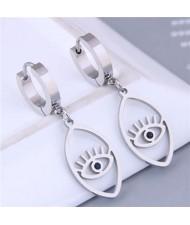 Korean Fashion Oval Shape Dangling Eye Design Women Wholesale Huggie Earrings - Silver