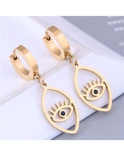 Korean Fashion Oval Shape Dangling Eye Design Women Wholesale Huggie Earrings - Golden