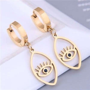 Korean Fashion Oval Shape Dangling Eye Design Women Wholesale Huggie Earrings - Golden