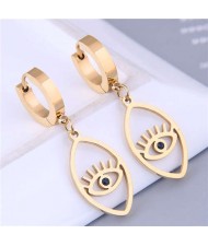 Korean Fashion Oval Shape Dangling Eye Design Women Wholesale Huggie Earrings - Golden