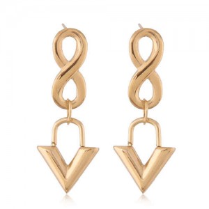 Unique Number 8 and Dangling Triangle Combo Wholesale Jewelry Minimalist Style Women Titanium Earings - Golden