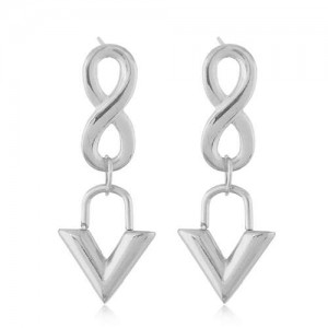 Unique Number 8 and Dangling Triangle Combo Wholesale Jewelry Minimalist Style Women Titanium Earings - Silver