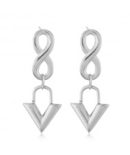 Unique Number 8 and Dangling Triangle Combo Wholesale Jewelry Minimalist Style Women Titanium Earings - Silver