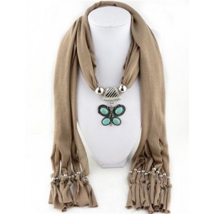 Trendy Metal Butterfly Pendant Scarf Necklace - Khaki