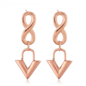 Unique Number 8 and Dangling Triangle Combo Wholesale Jewelry Minimalist Style Women Titanium Earings - Rose Gold