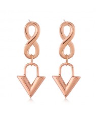 Unique Number 8 and Dangling Triangle Combo Wholesale Jewelry Minimalist Style Women Titanium Earings - Rose Gold