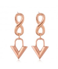 Unique Number 8 and Dangling Triangle Combo Wholesale Jewelry Minimalist Style Women Titanium Earings - Rose Gold