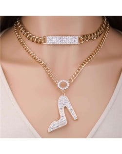 Hip-hop Style Rhinestone Wholesale Jewelry High Heel Pendant Dual Layers Chain Women Statement Necklace